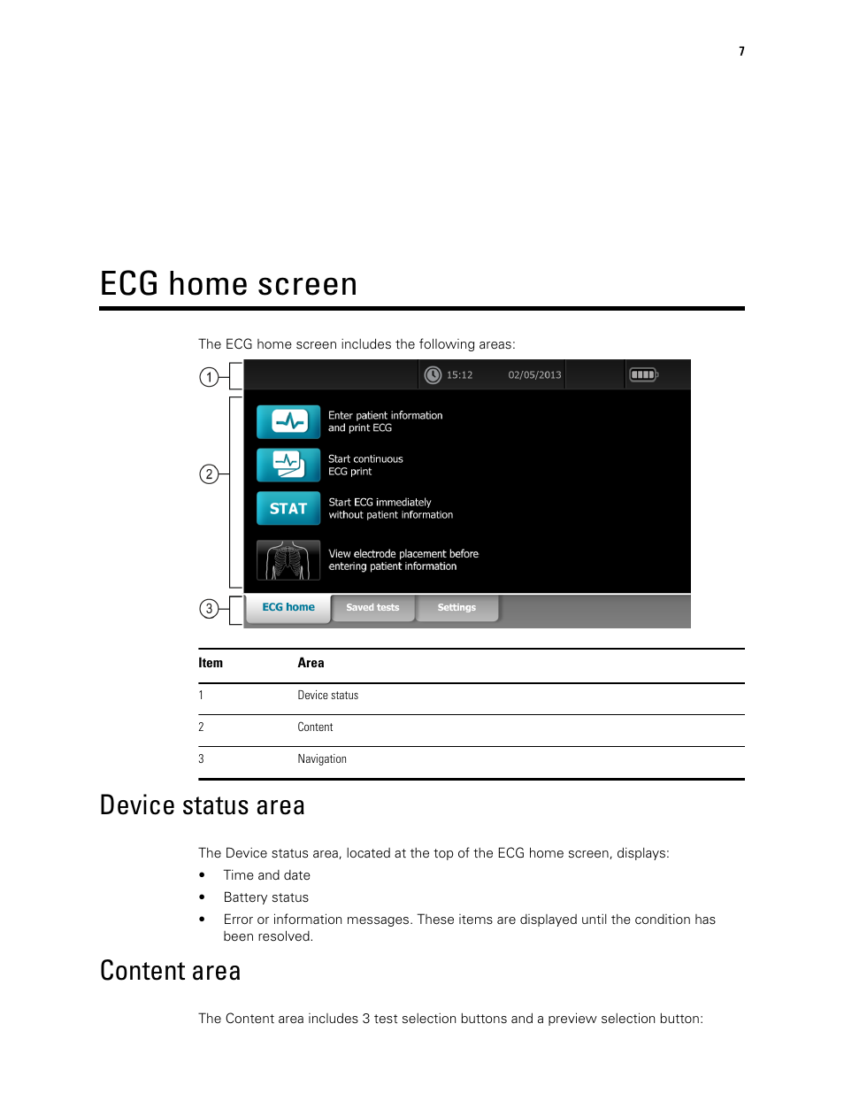 Ecg home screen, Device status area, Content area | Welch Allyn CP150 - Quick Reference Guide User Manual | Page 11 / 24