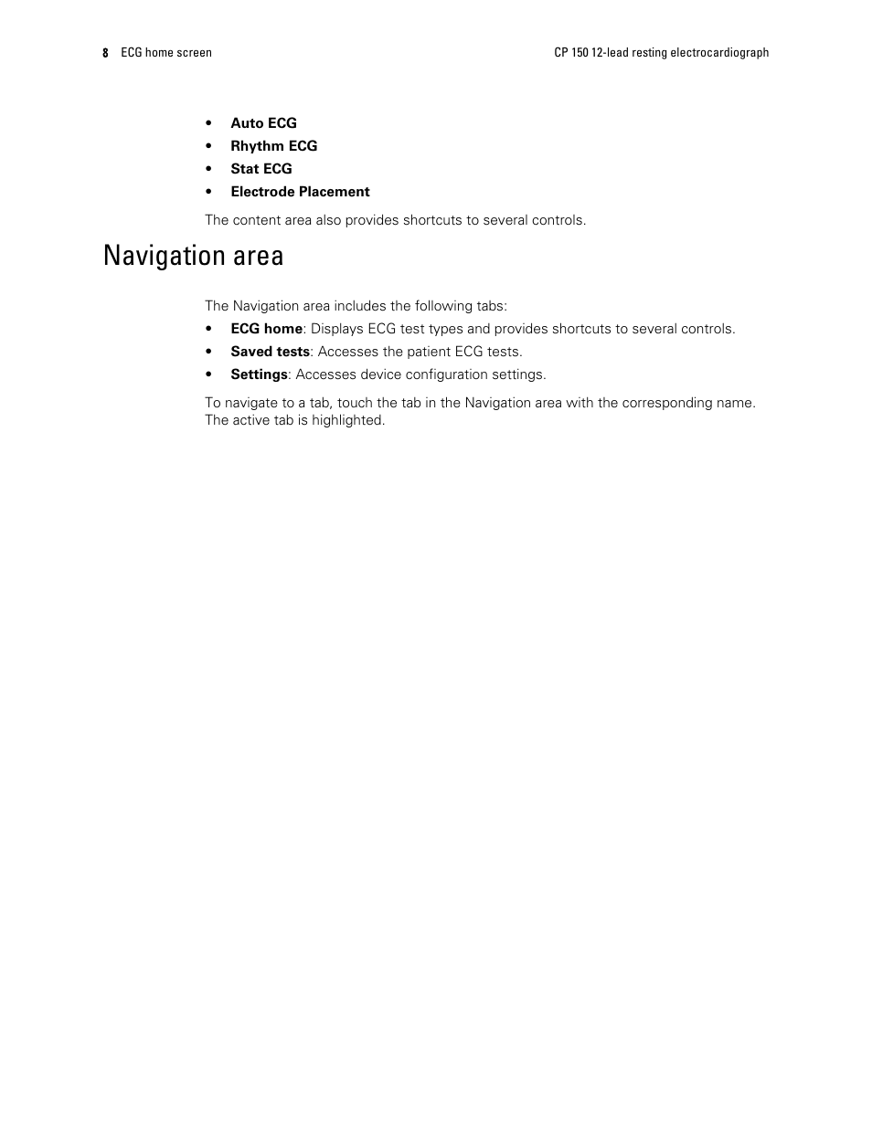 Navigation area | Welch Allyn CP150 - Quick Reference Guide User Manual | Page 12 / 24