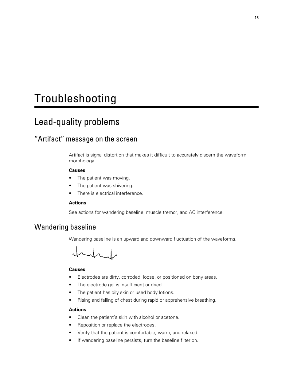 Troubleshooting, Lead-quality problems, Artifact” message on the screen | Wandering baseline | Welch Allyn CP150 - Quick Reference Guide User Manual | Page 19 / 24