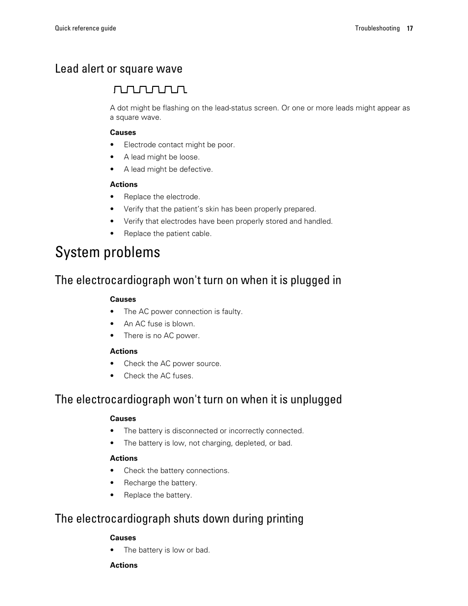 Lead alert or square wave, System problems, The electrocardiograph shuts down during printing | Welch Allyn CP150 - Quick Reference Guide User Manual | Page 21 / 24