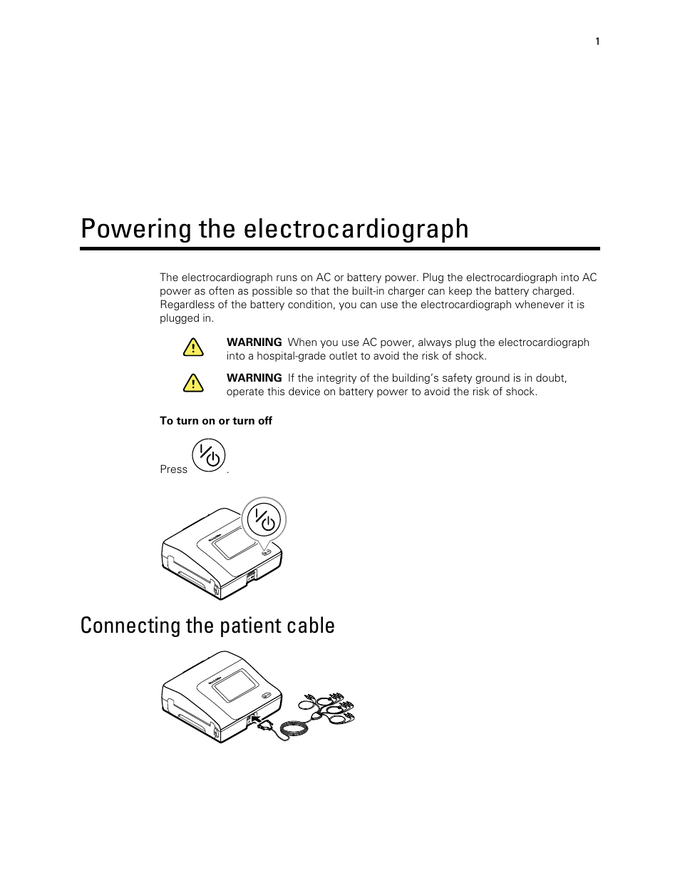 Powering the electrocardiograph, Connecting the patient cable | Welch Allyn CP150 12-Lead Resting Electrocardiograph, Software Version 2.00.XX - Quick Reference Guide User Manual | Page 3 / 16