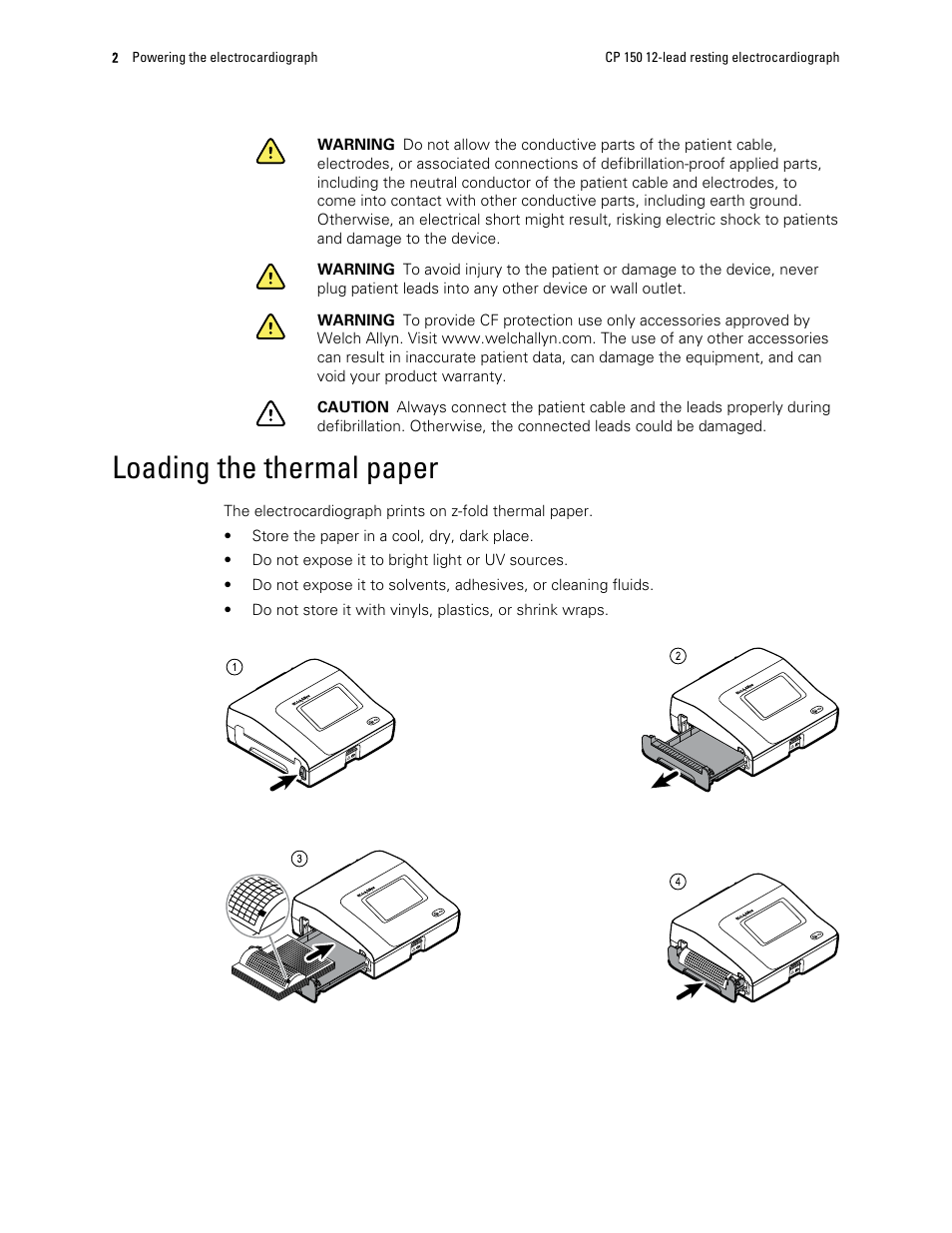 Loading the thermal paper | Welch Allyn CP150 12-Lead Resting Electrocardiograph, Software Version 2.00.XX - Quick Reference Guide User Manual | Page 4 / 16