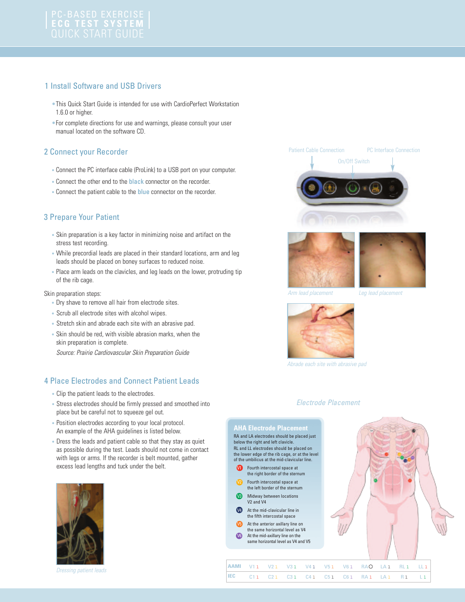Installation instructions, Quick start guide, 2 connect your recorder | 1 install software and usb drivers, Electrode placement | Welch Allyn Cardio Perfect Exercise ECG Quick Start Guide - Quick Reference Guide User Manual | Page 3 / 6