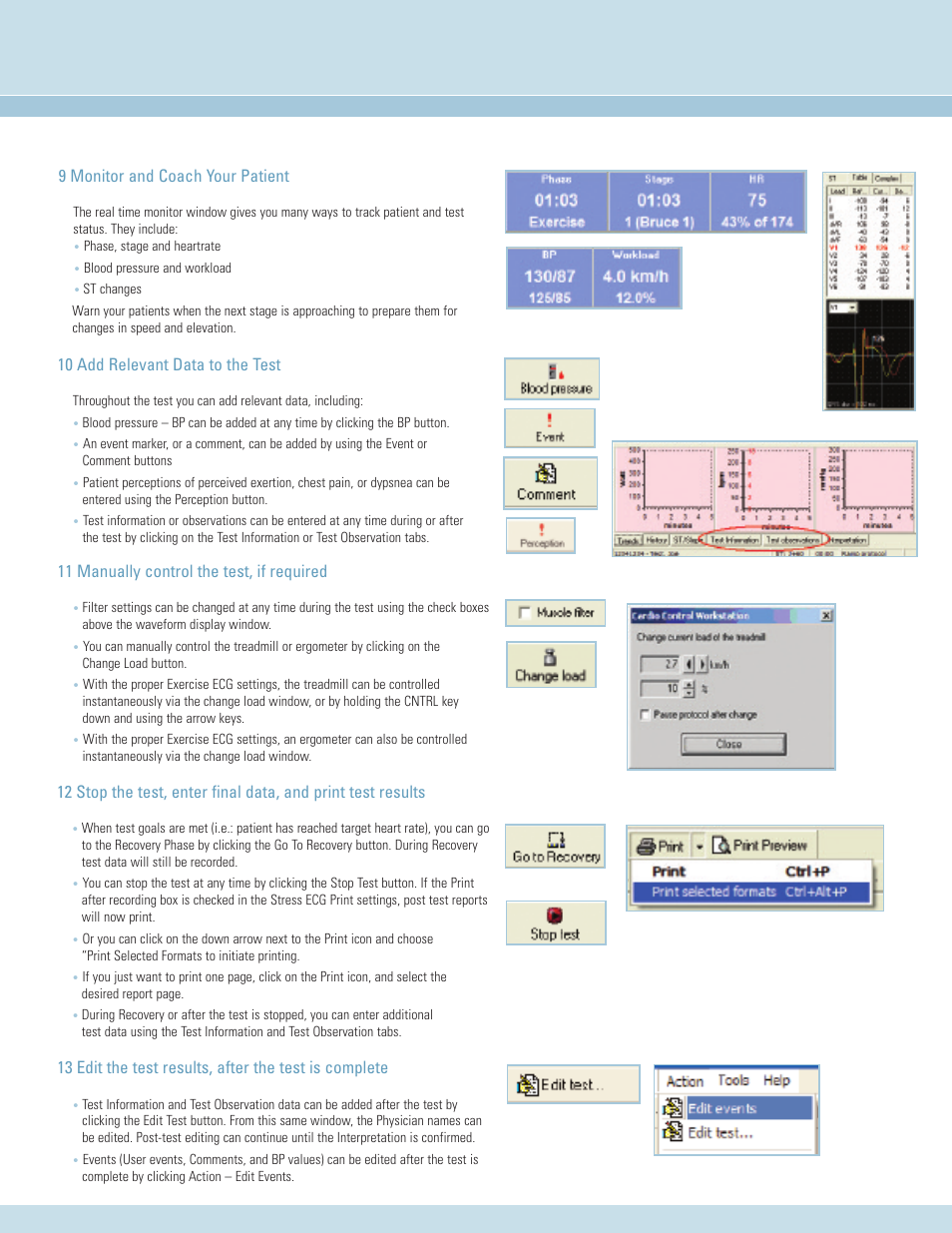 9 monitor and coach your patient, 10 add relevant data to the test, 11 manually control the test, if required | Welch Allyn Cardio Perfect Exercise ECG Quick Start Guide - Quick Reference Guide User Manual | Page 5 / 6