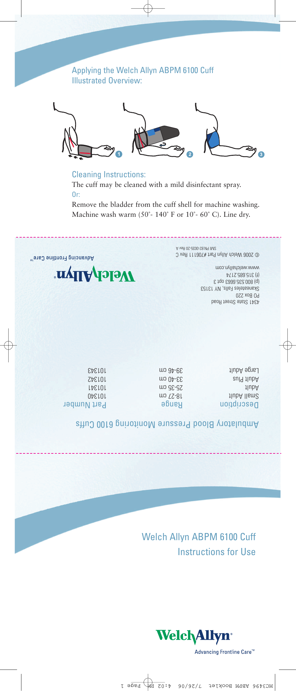 Welch Allyn ABPM 6100 Cuff Instruction for Use - Quick Reference Guide User Manual | 6 pages