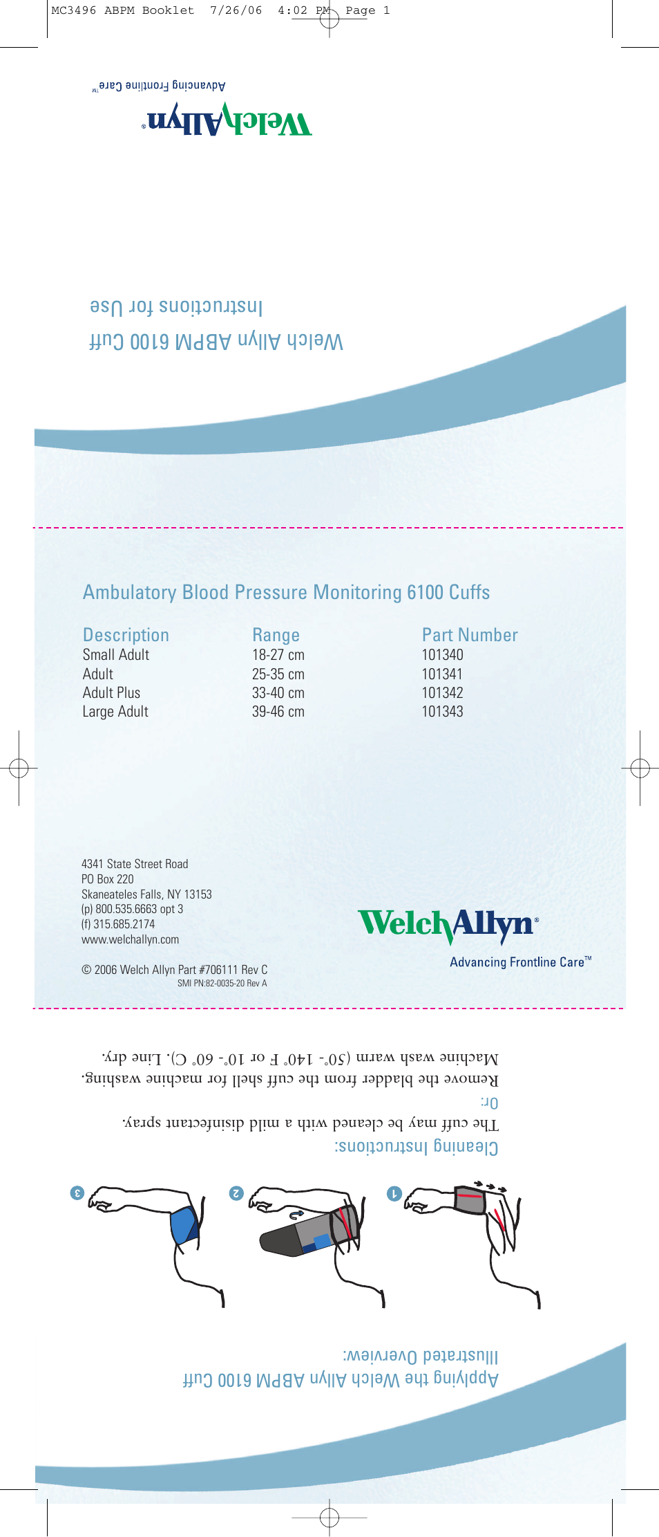 Welch allyn abpm 6100 cuff instructions for use, Ambulatory blood pressure monitoring 6100 cuffs, Description range part number | Welch Allyn ABPM 6100 Cuff Instruction for Use - Quick Reference Guide User Manual | Page 6 / 6