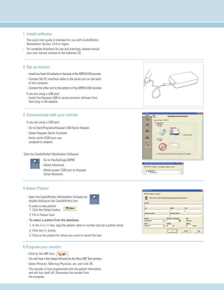 Installation instructions, 1 install software 2 set up monitor, 3 communicate with your monitor | 5 program your monitor 4 select patient | Welch Allyn CardioPerfect Ambulatory Blood Pressure Monitoring - Quick Reference Guide User Manual | Page 4 / 6