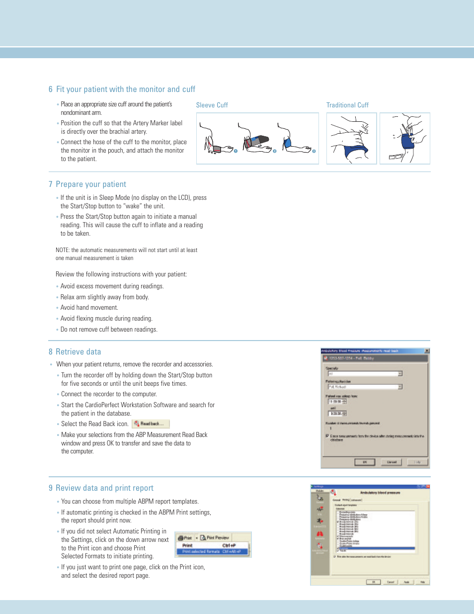 7 prepare your patient, 6 fit your patient with the monitor and cuff, 8 retrieve data | 9 review data and print report | Welch Allyn CardioPerfect Ambulatory Blood Pressure Monitoring - Quick Reference Guide User Manual | Page 5 / 6