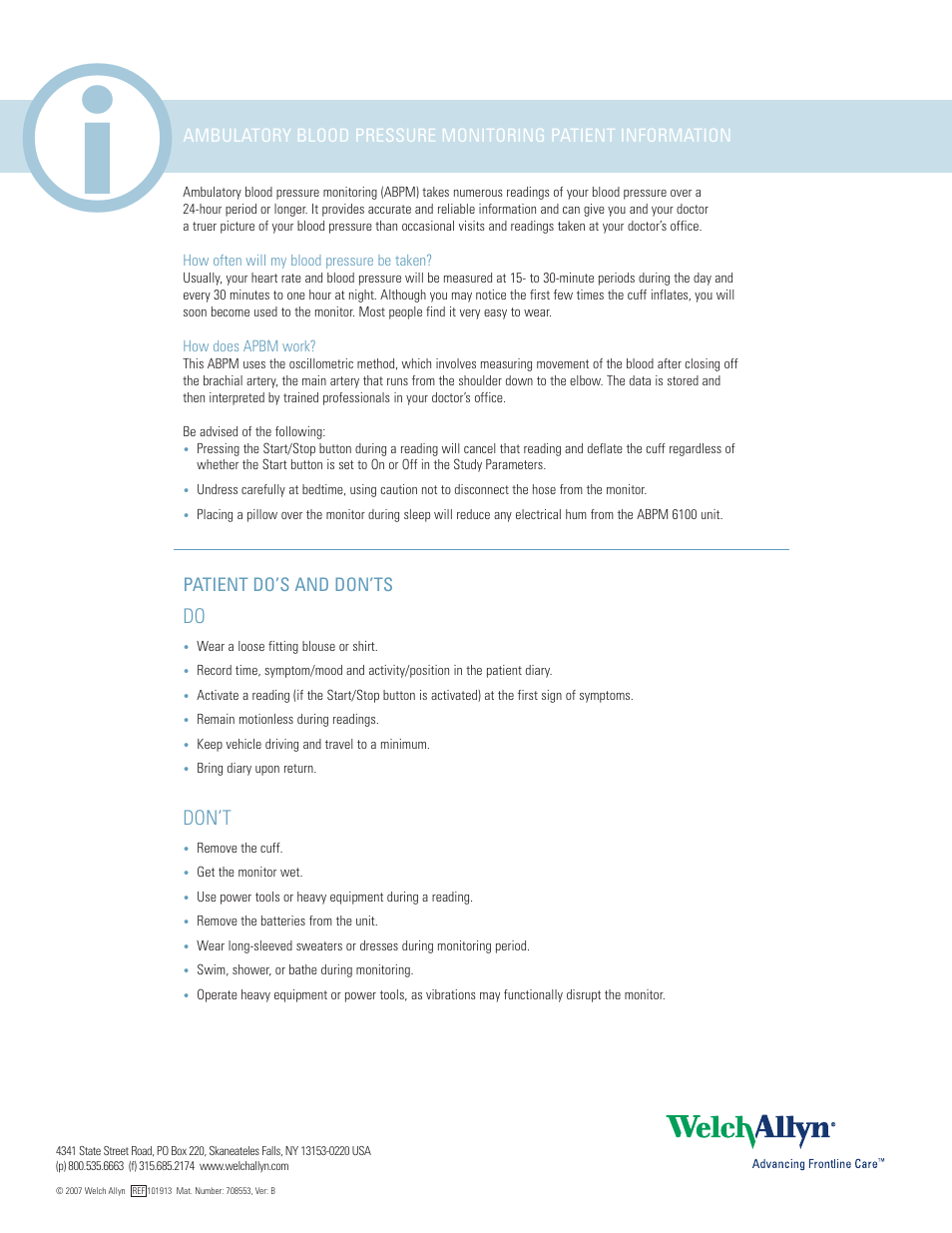 Patient information, Patient do's and don'ts, Don’t | Patient do’s and don’ts | Welch Allyn CardioPerfect Ambulatory Blood Pressure Monitoring - Quick Reference Guide User Manual | Page 6 / 6