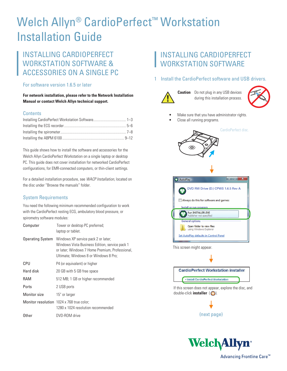 Welch Allyn CardioPerfect Workstation 1.6.5 Software Self Installation - Quick Reference Guide User Manual | 12 pages