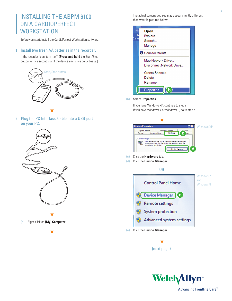 Welch Allyn CardioPerfect Workstation 1.6.5 Software Self Installation - Quick Reference Guide User Manual | Page 9 / 12