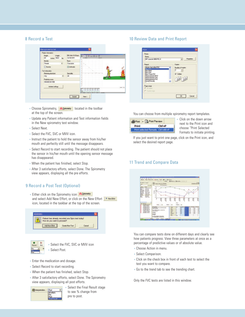 8 record a test, 9 record a post test (optional), 10 review data and print report | 11 trend and compare data | Welch Allyn SpiroPerfect Spirometry Quick Start - Quick Reference Guide User Manual | Page 5 / 6