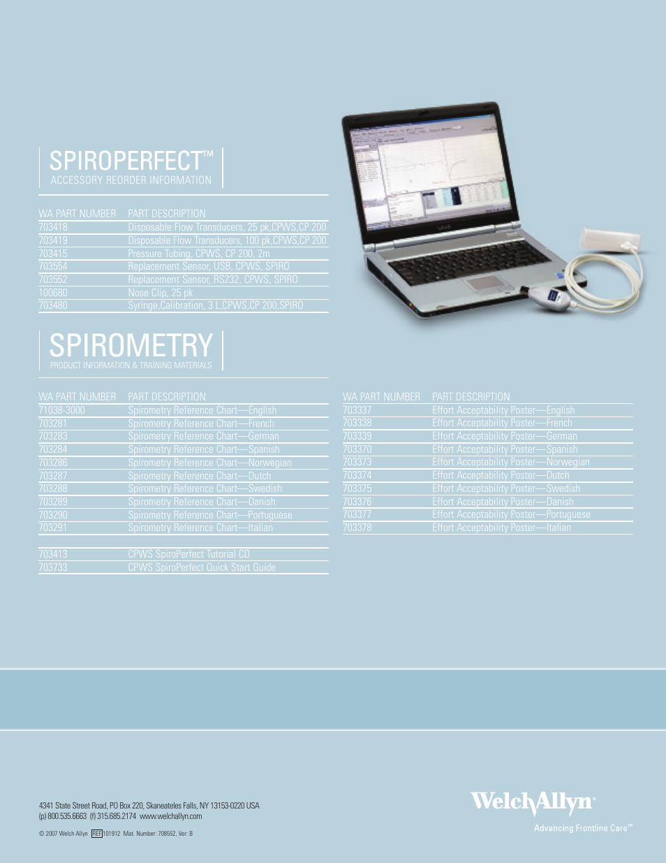 Ordering information, Spirometry, Spiroperfect | Welch Allyn SpiroPerfect Spirometry Quick Start - Quick Reference Guide User Manual | Page 6 / 6