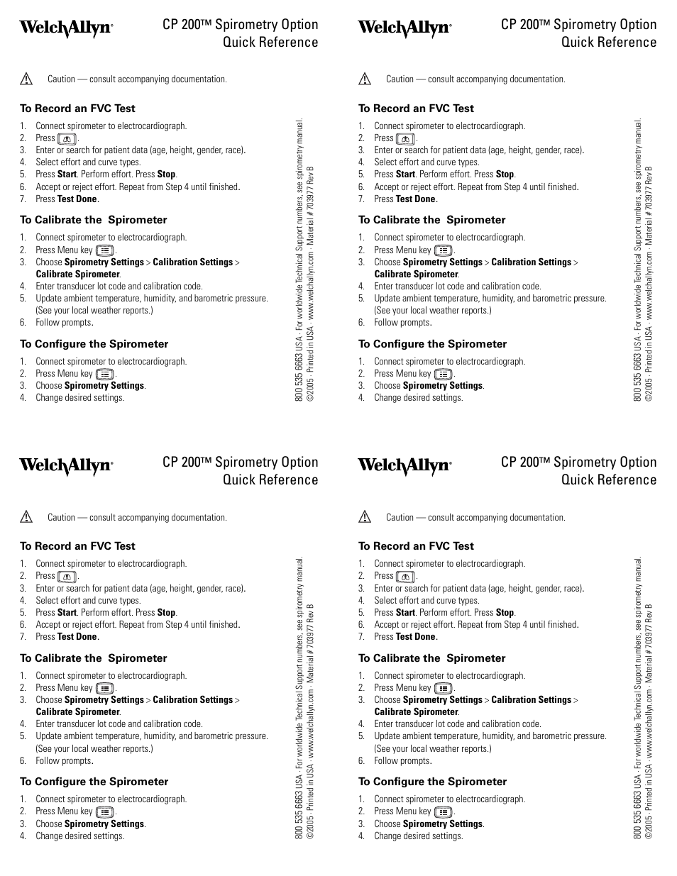 Welch Allyn CP200, Spirometry Option - Quick Reference Guide User Manual | 1 page