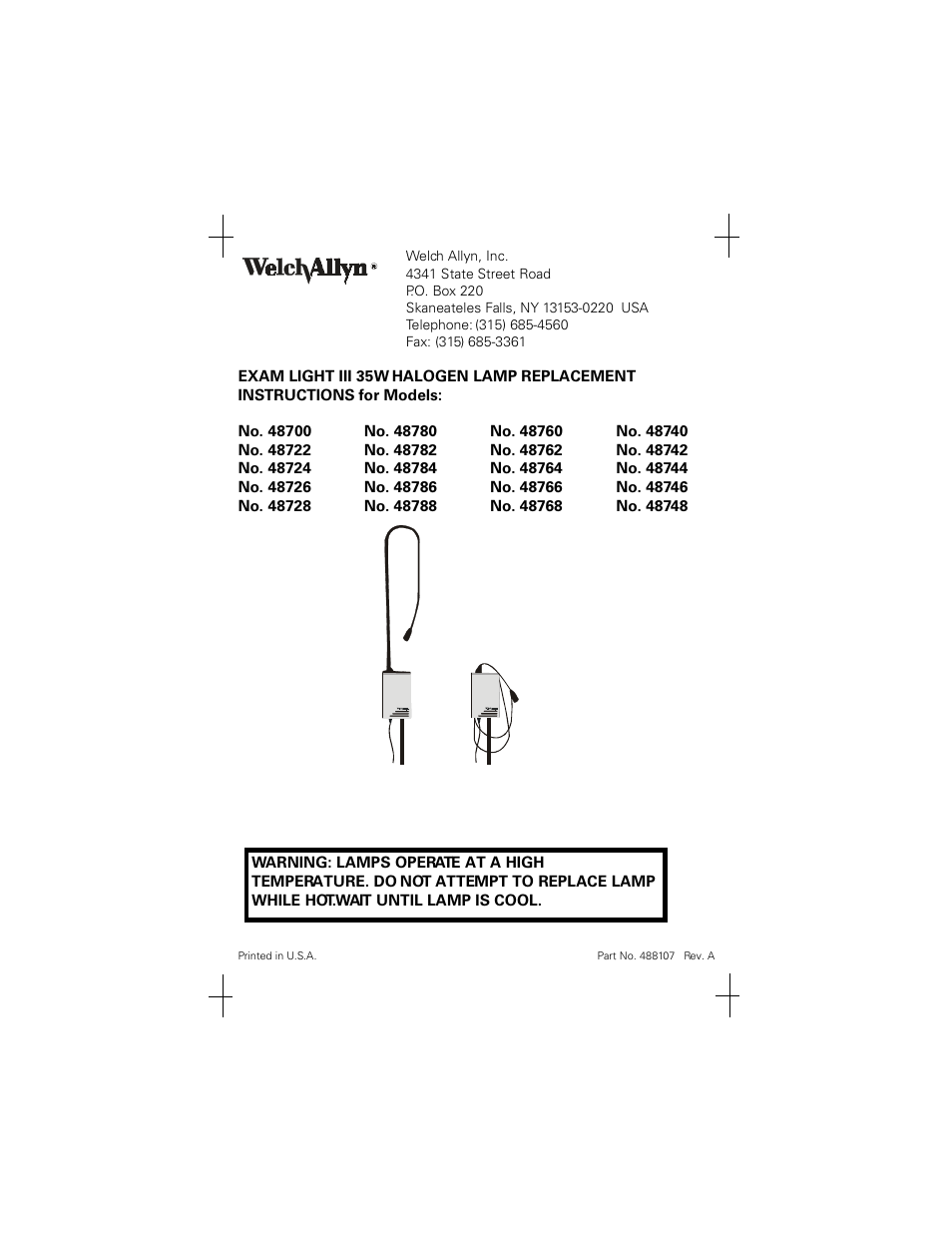 Welch Allyn Exam Light III 35W Halogen Lamp Replacement Instructions - Quick Reference Guide User Manual | 2 pages