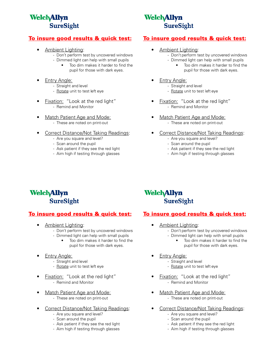 Welch Allyn Quick Reference and Trouble Shooting Guide For The SureSight Vision Screener - Quick Reference Guide User Manual | 2 pages