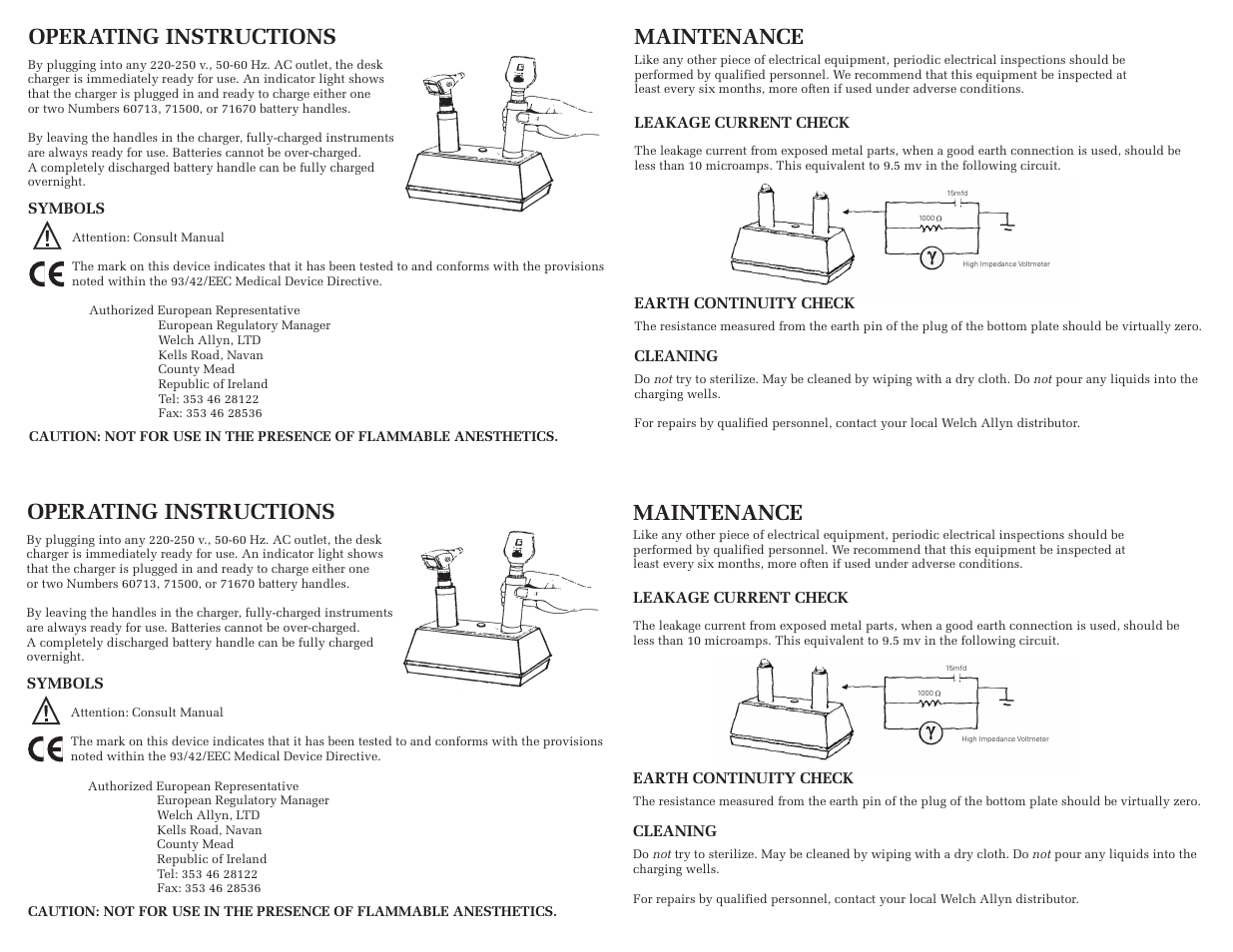 Operating instructions, Maintenance | Welch Allyn Desk Set - Quick Reference Guide User Manual | Page 2 / 2