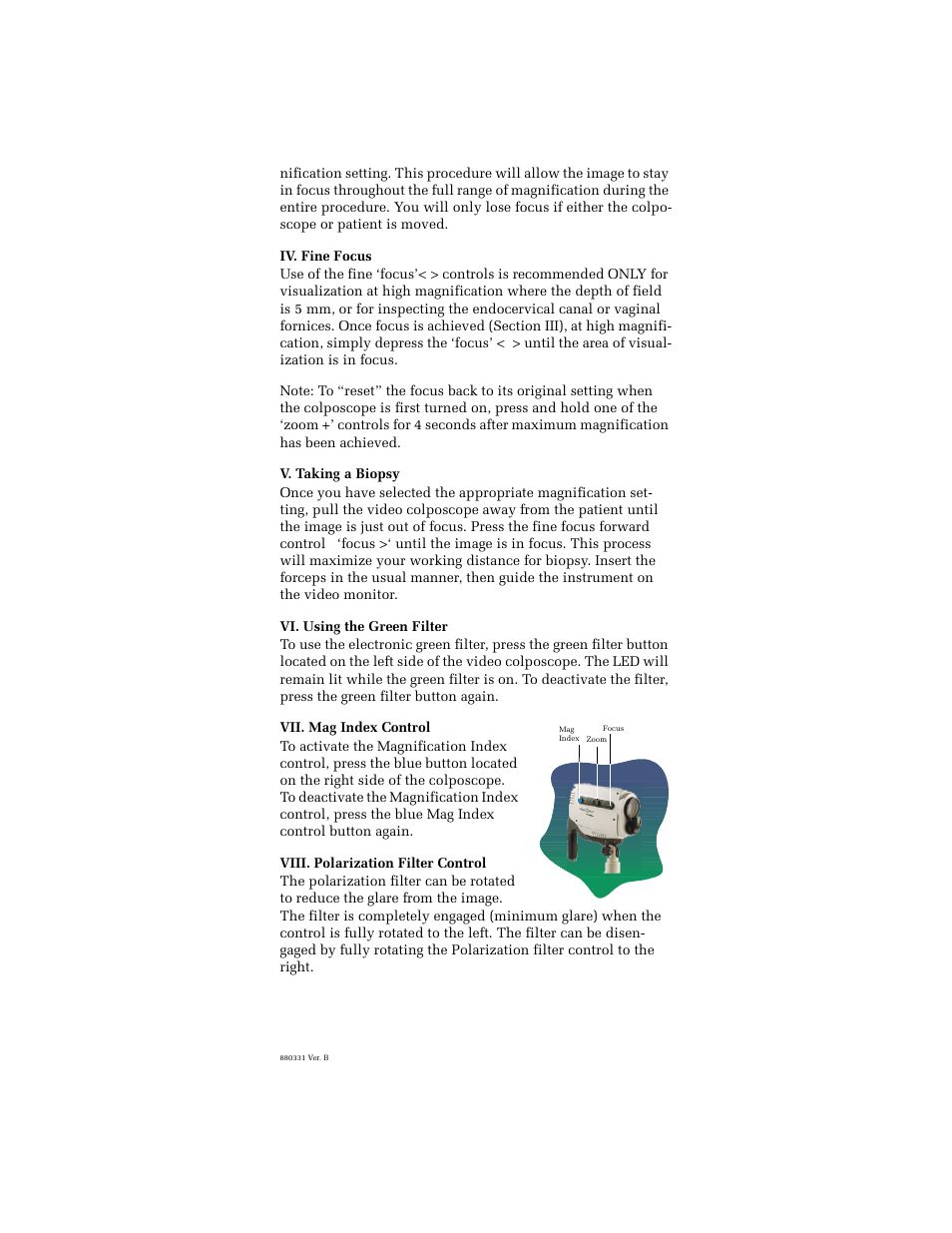 Iv. fine focus, V. taking a biopsy, Vi. using the green filter | Vii. mag index control, Viii. polarization filter control | Welch Allyn Euro-Med Rose Coated Electrosurgical Instructionumentation, Directions For Use and Sterilization - Quick Reference Guide User Manual | Page 2 / 2