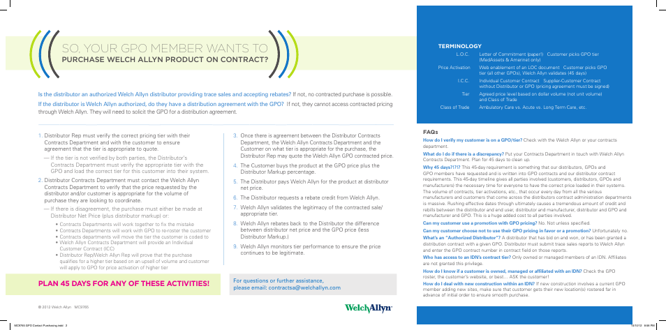 So, your gpo member wants to, Purchase welch allyn product on contract, Plan 45 days for any of these activities | Welch Allyn GPO Members, Purchasing Welch Allyn Items On Contract - Quick Reference Guide User Manual | Page 2 / 2