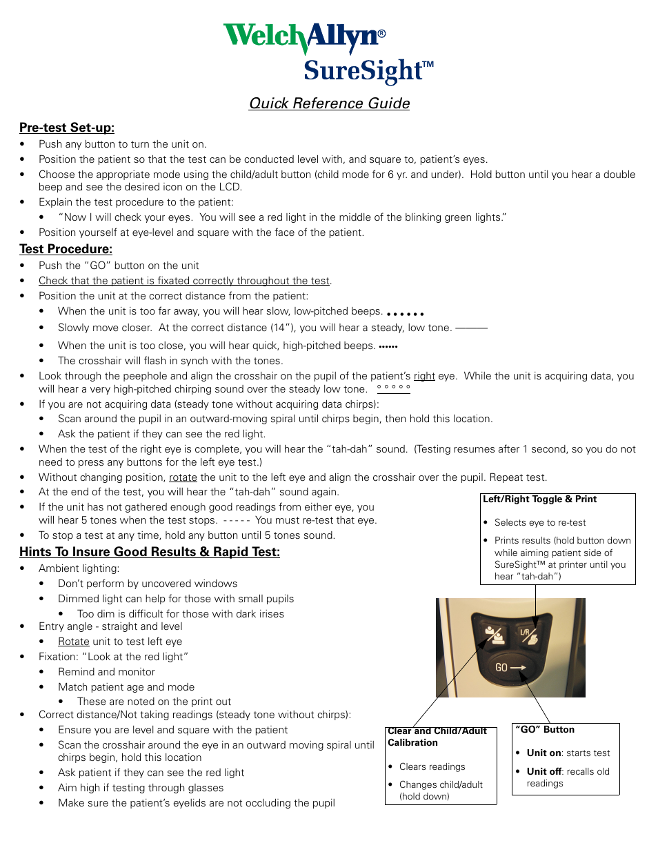 Welch Allyn SureSight - Quick Reference Guide User Manual | 2 pages