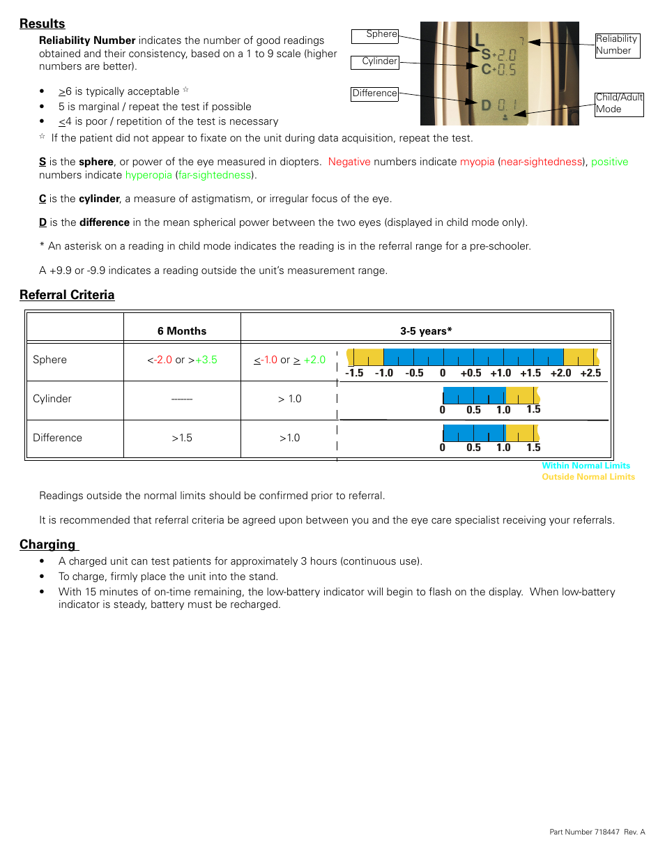 Results, Referral criteria, Charging | Welch Allyn SureSight - Quick Reference Guide User Manual | Page 2 / 2