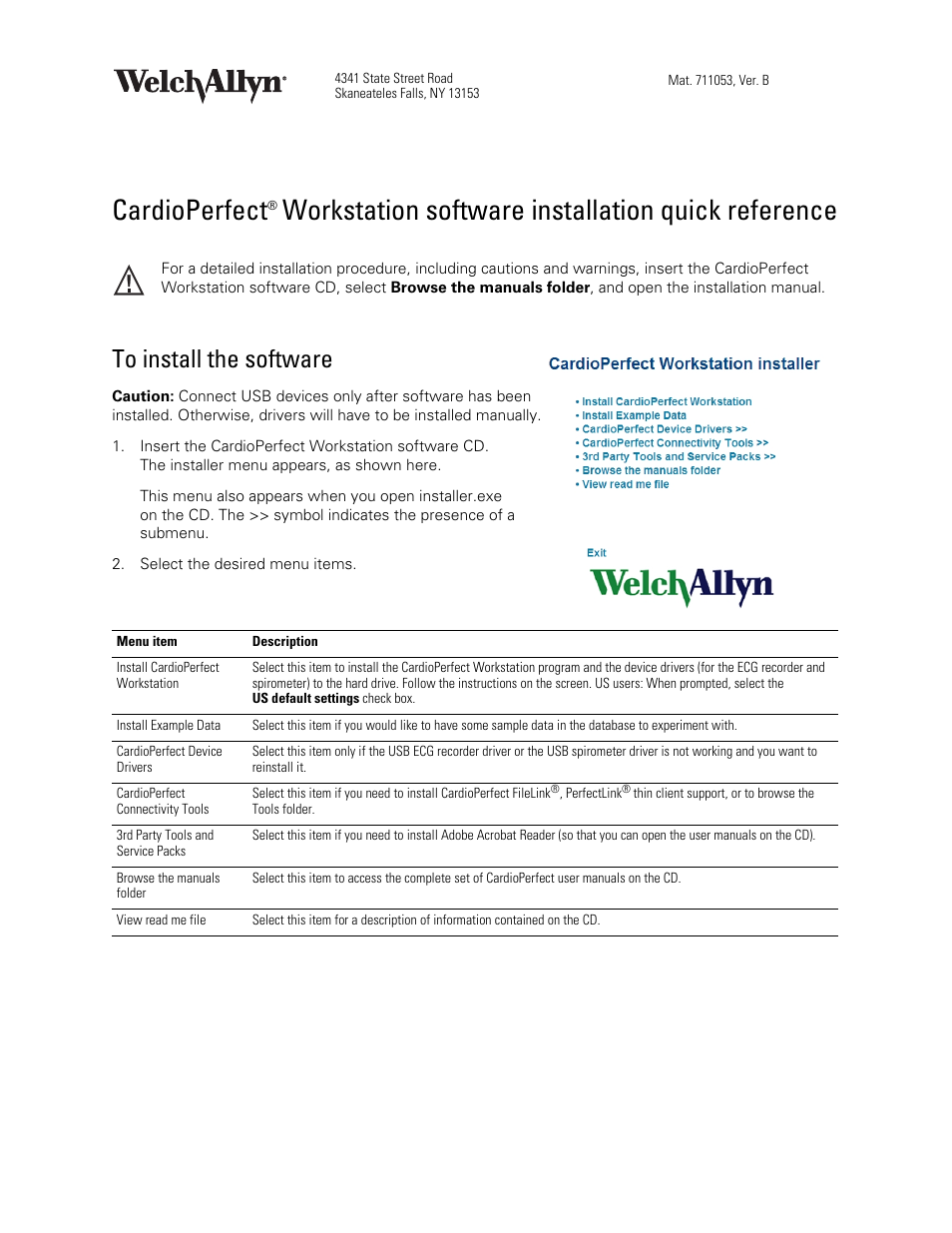 Welch Allyn Cardioperfect Workstation Software Installation - Quick Reference Guide User Manual | 2 pages