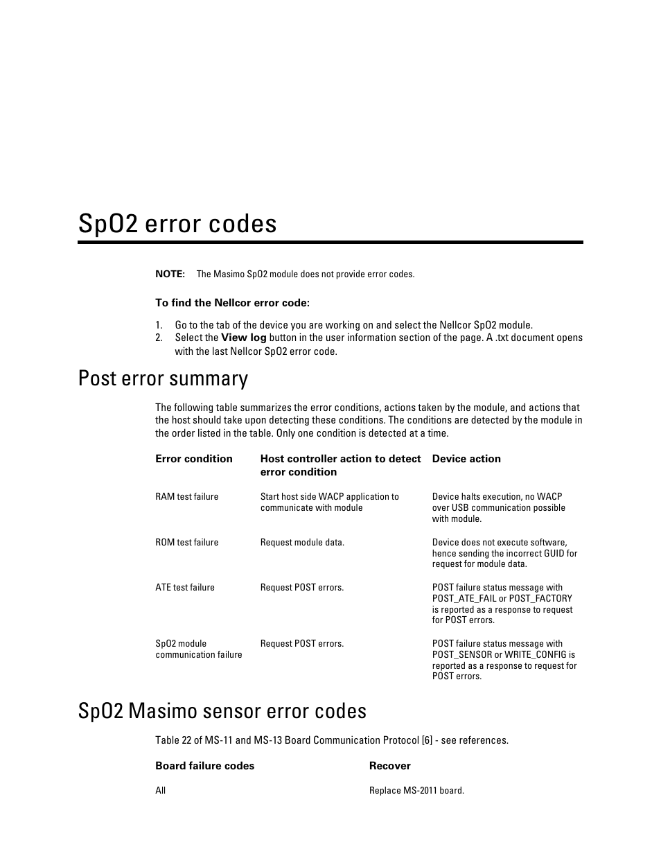 Spo2 error codes, Post error summary, Spo2 masimo sensor error codes | Welch Allyn Connex Vital Signs Monitor (CVSM) Calibration/Verification Module Notes - Quick Reference Guide User Manual | Page 2 / 7