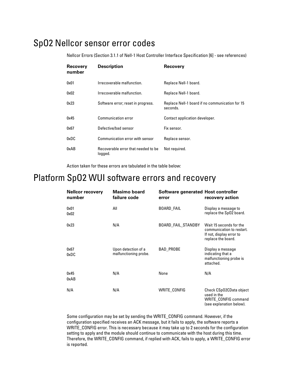 Spo2 nellcor sensor error codes, Platform spo2 wui software errors and recovery | Welch Allyn Connex Vital Signs Monitor (CVSM) Calibration/Verification Module Notes - Quick Reference Guide User Manual | Page 3 / 7