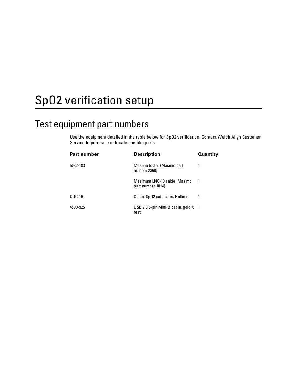 Spo2 verification setup, Test equipment part numbers | Welch Allyn Connex Vital Signs Monitor (CVSM) Calibration/Verification Module Notes - Quick Reference Guide User Manual | Page 4 / 7