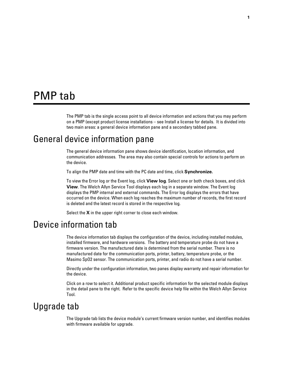 Pmp tab, General device information pane, Device information tab | Upgrade tab | Welch Allyn Connex Vital Signs Monitor PMP Tab Instructions - Quick Reference Guide User Manual | Page 5 / 24