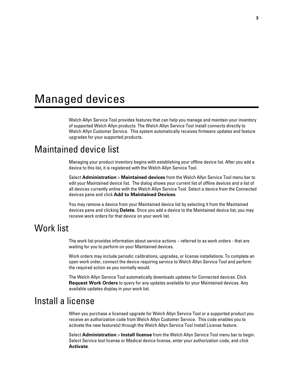 Managed devices, Maintained device list, Work list | Install a license | Welch Allyn Connex Vital Signs Monitor PMP Tab Instructions - Quick Reference Guide User Manual | Page 7 / 24