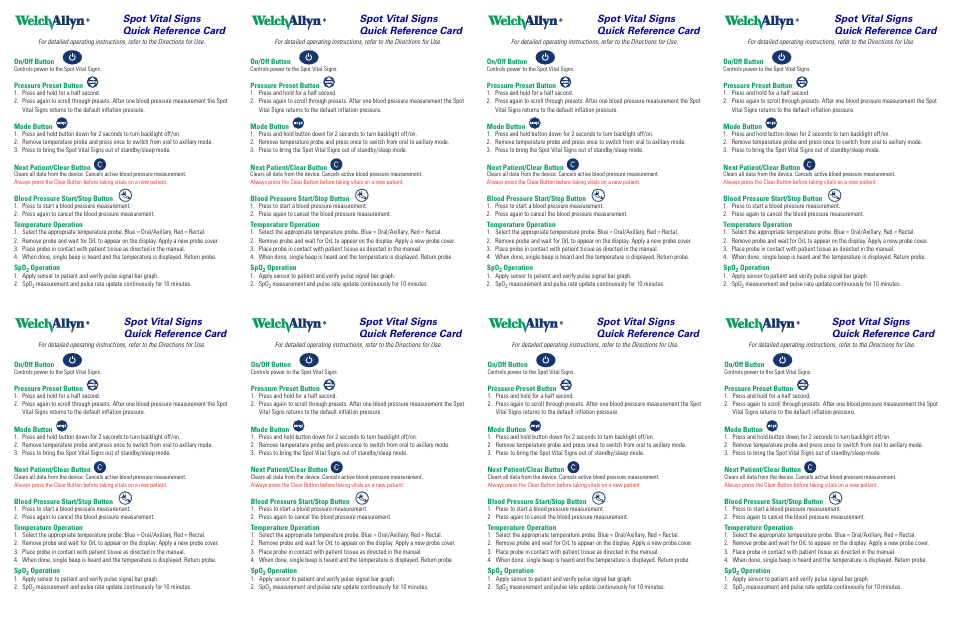 Spot vital signs quick reference card, On/off button, Pressure preset button | Press and hold for a half second, Mode button, Next patient/clear button, Blood pressure start/stop button, Press to start a blood pressure measurement, Temperature operation, Spo2 operation | Welch Allyn Spot Vital Signs Monitor - Quick Reference Guide User Manual | Page 2 / 2