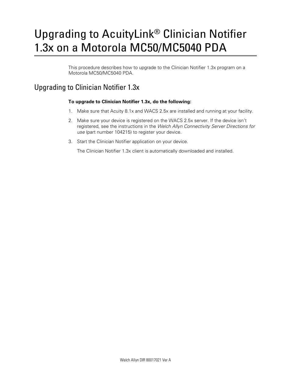 Welch Allyn Upgrade To Acuitylink On Motorola Mc50/Mc5040 Pda - Quick Reference Guide User Manual | 1 page