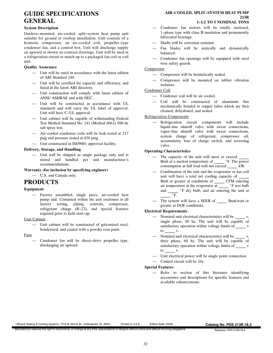 Guide specifications general, Products | Bryant LEGACY 213R User Manual | Page 32 / 32