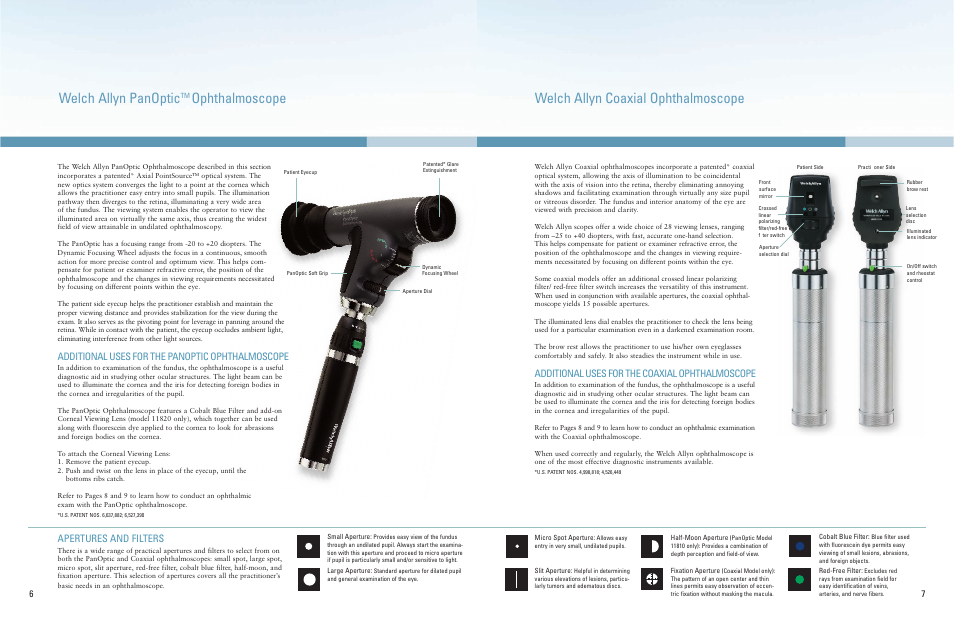 Welch allyn panoptic, Ophthalmoscope welch allyn coaxial ophthalmoscope, Additional uses for the panoptic ophthalmoscope | Additional uses for the coaxial ophthalmoscope, Apertures and filters | Welch Allyn A Guide To The Use Of Diagnostic Instruments In Eye And Ear Examinations - Quick Reference Guide User Manual | Page 4 / 16