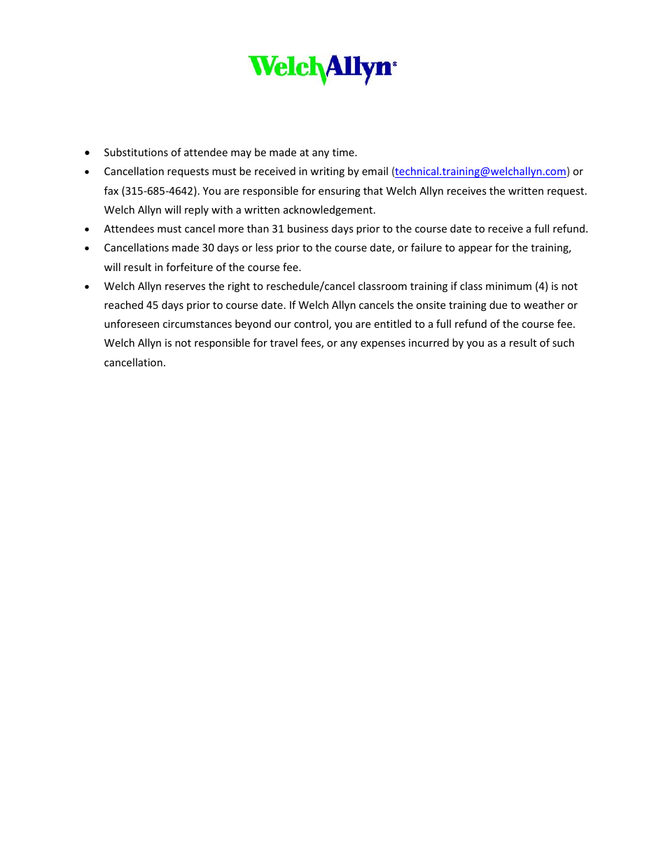 Welch Allyn Cancellation and Reschedule Policy for Classroom and Onsite Training - Quick Reference Guide User Manual | 1 page