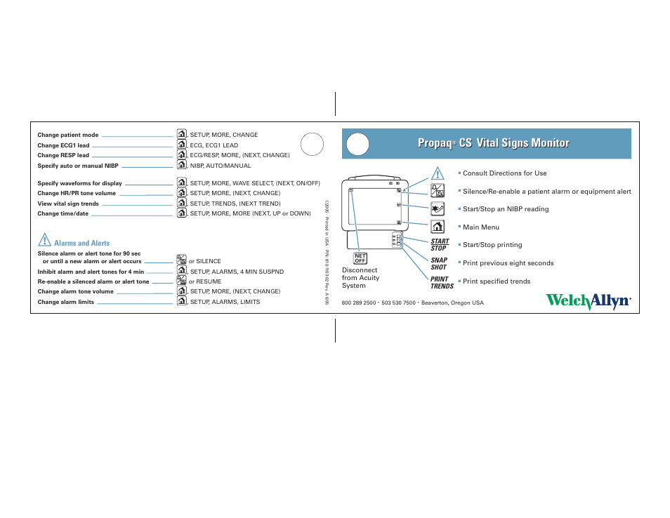 Welch Allyn Propaq CS Vital Signs Monitor - Quick Reference Guide User Manual | 1 page