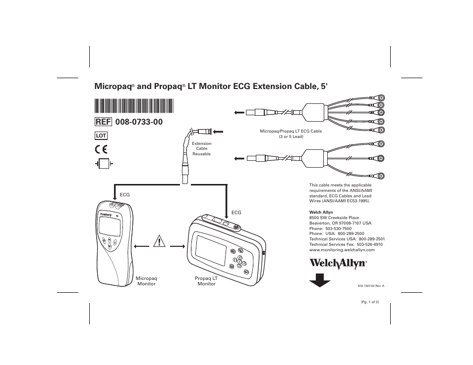 Welch Allyn Micropaq and Propaq LT Monitor ECG Extension Cable, 5, 008-0733-00 - Quick Reference Guide User Manual | 1 page