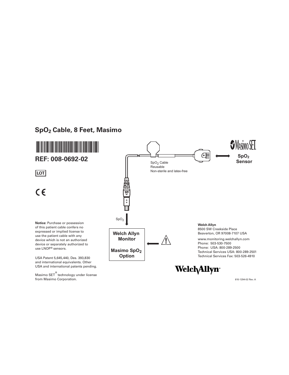 Welch Allyn Micropaq Wearable Monitor, Spo2 Cable, 8 Feet, Masimo, 008-0692-02 - Quick Reference Guide User Manual | 1 page