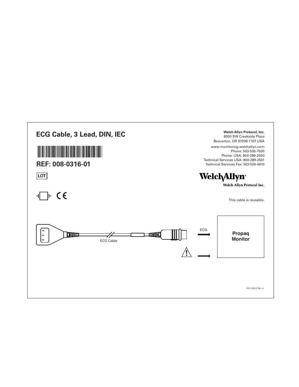 Welch Allyn Micropaq Wearable Monitor, ECG Cable, 3 Lead, Din, IEC, 008-0316-01 - Quick Reference Guide User Manual | 1 page