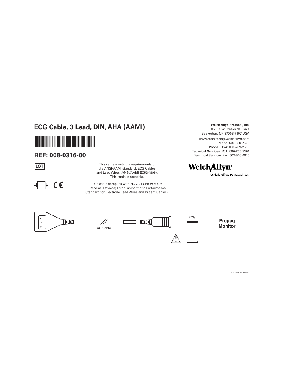 Welch Allyn Micropaq Wearable Monitor, ECG Cable, 3 Lead, Din, AHA (AAMI) 008-0316-00 - Quick Reference Guide User Manual | 1 page