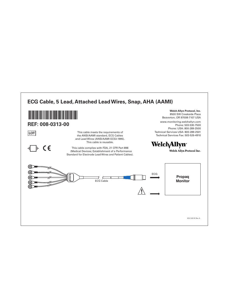 Welch Allyn Micropaq Wearable Monitor, ECG Cable, 5 Lead, Attached Lead Wires, Snap, AHA (AAMI) 008-0313-00 - Quick Reference Guide User Manual | 1 page