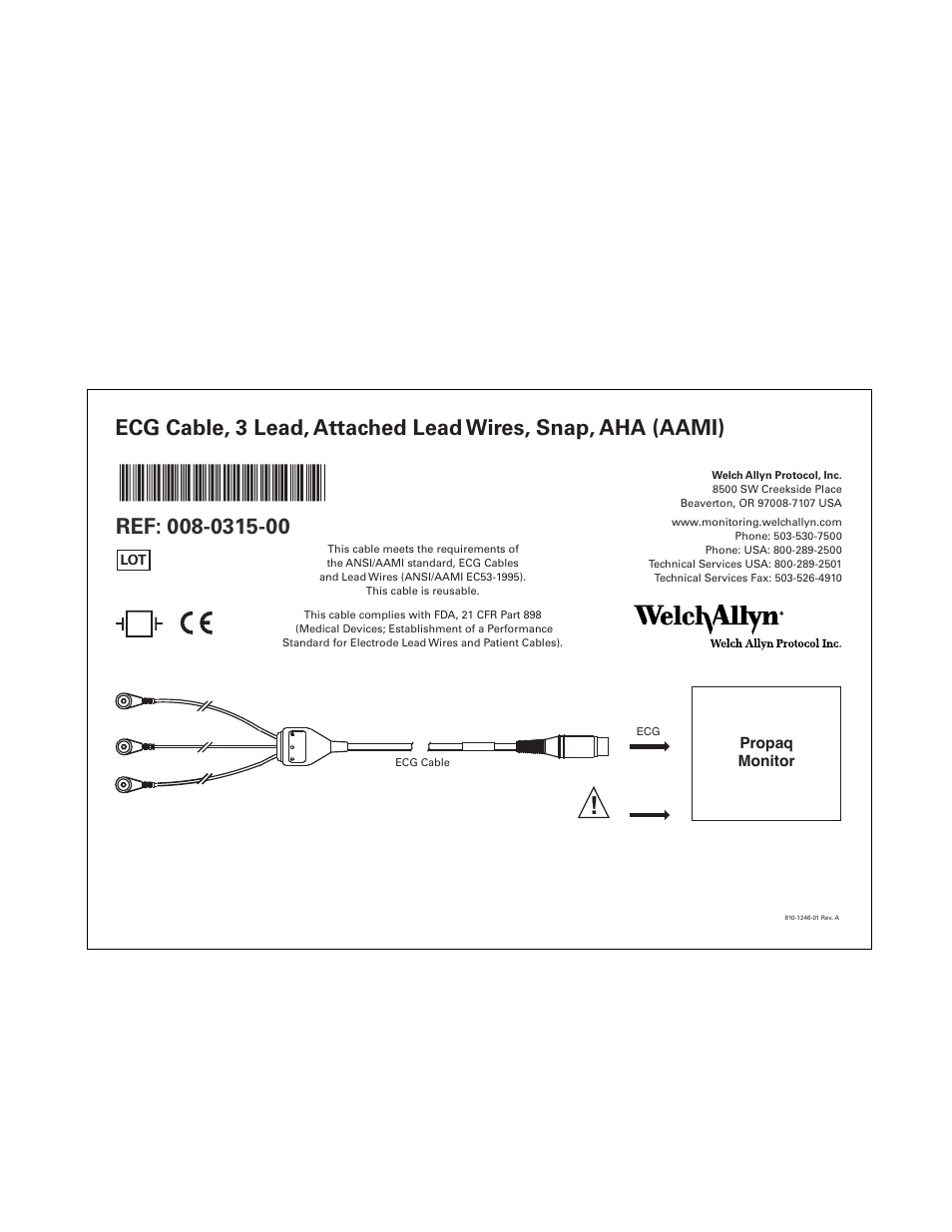 Welch Allyn Micropaq Wearable Monitor, ECG Cable, 3 Lead, Attached Lead Wires, Snap, AHA (AAMI) 008-0315-00 - Quick Reference Guide User Manual | 1 page