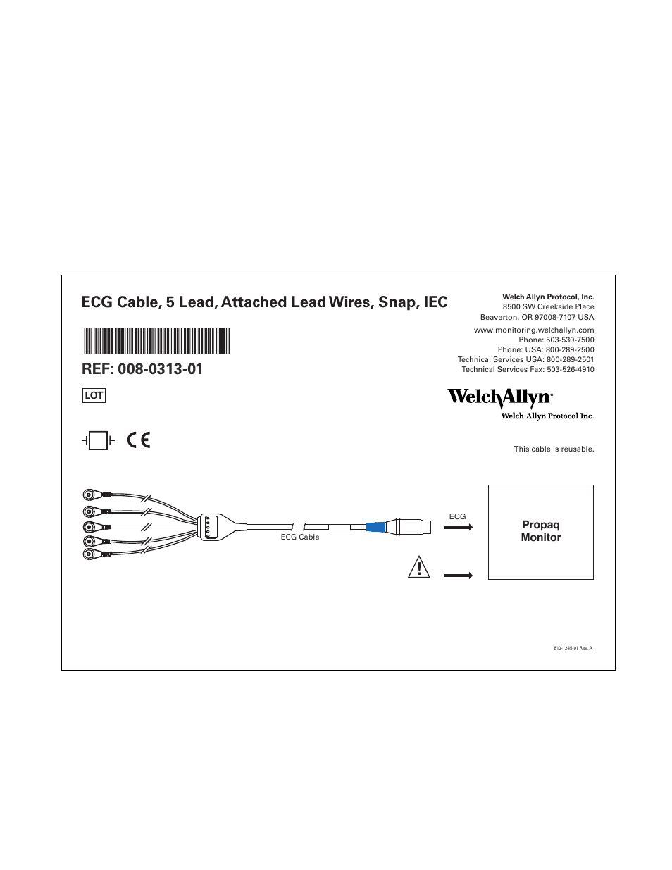 Welch Allyn Micropaq Wearable Monitor, ECG Cable, 5 Lead, Attached Lead Wires, Snap, IEC, 008-0313-01 - Quick Reference Guide User Manual | 1 page