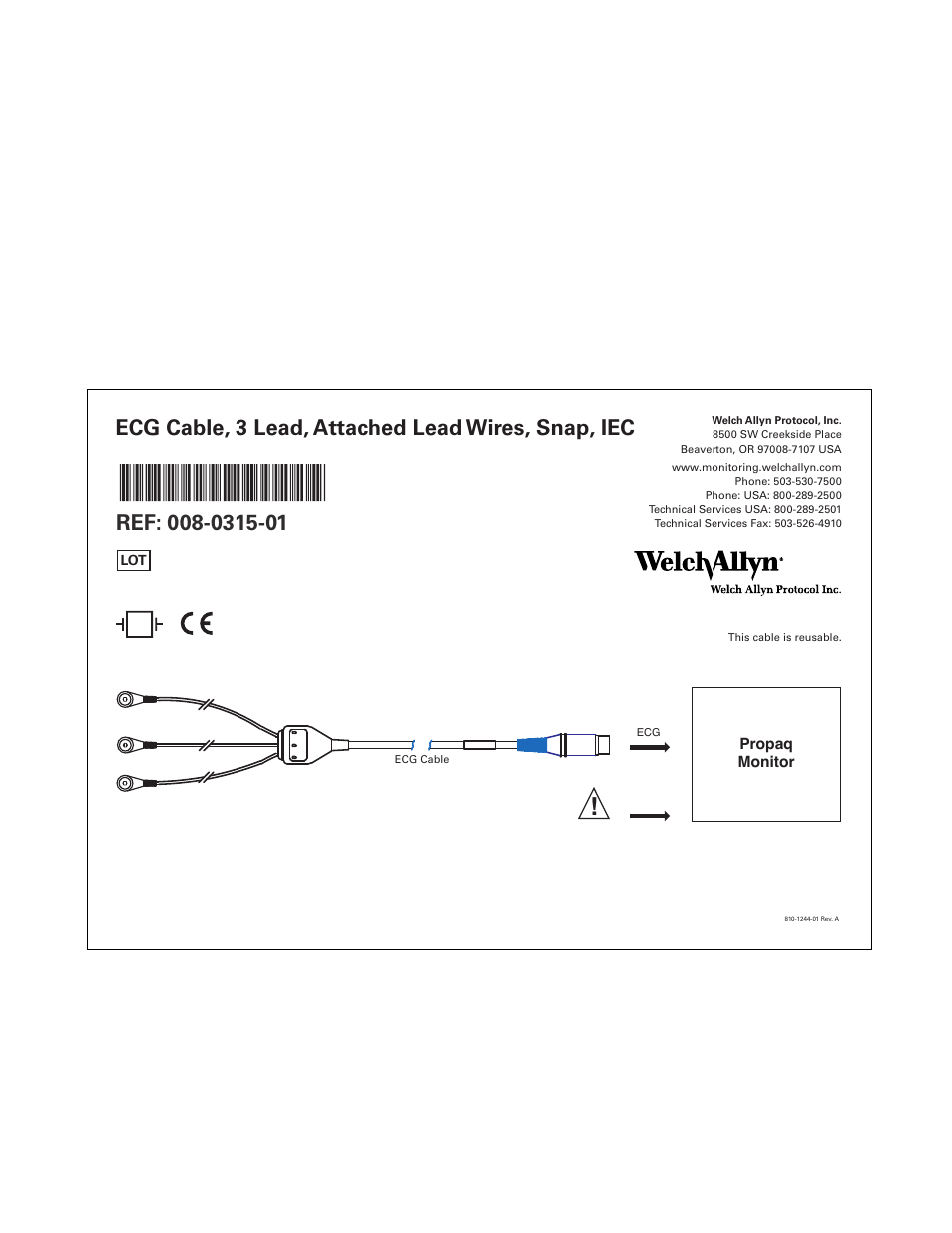 Welch Allyn Micropaq Wearable Monitor, ECG Cable, 3 Lead, Attached Lead Wires, Snap, IEC ECG Cable, 3 Lead, Attached Lead Wires, Snap, IEC - Quick Reference Guide User Manual | 1 page