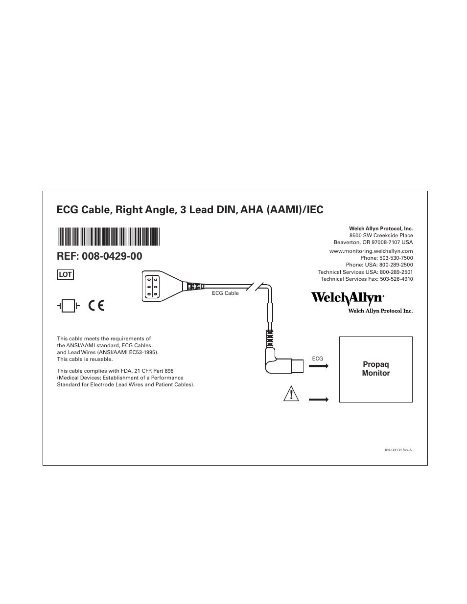 Welch Allyn Micropaq Wearable Monitor, ECG Cable, Right Angle, 3 Lead Din, AHA (AAMI)/IEC, 810-1241-01 - Quick Reference Guide User Manual | 1 page