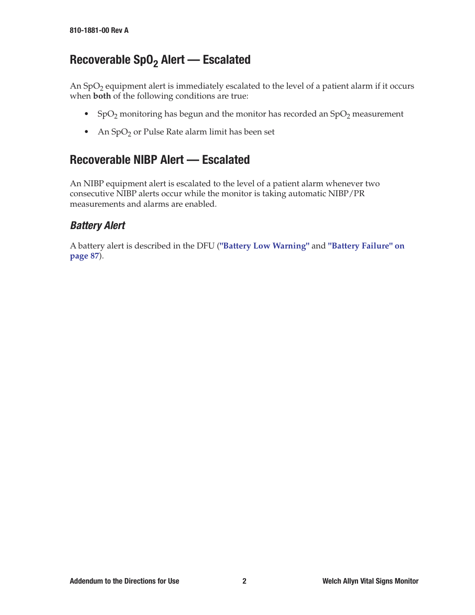 Recoverable spo2 alert - escalated, Recoverable nibp alert - escalated, Battery alert | Recoverable spo, Alert — escalated, Recoverable nibp alert — escalated | Welch Allyn VSM300 Addendum To - Quick Reference Guide User Manual | Page 2 / 2