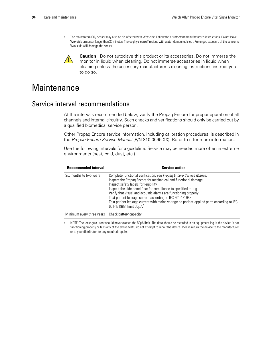 Maintenance, Service interval recommendations | Welch Allyn Vital Signs Monitor, Propaq Encore - Quick Reference Guide User Manual | Page 100 / 144