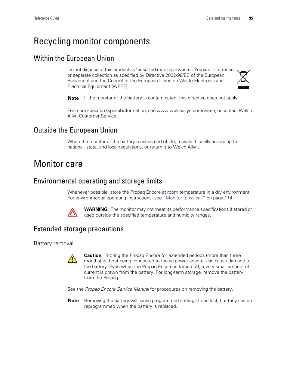 Recycling monitor components, Monitor care, Within the european union | Outside the european union, Environmental operating and storage limits, Extended storage precautions | Welch Allyn Vital Signs Monitor, Propaq Encore - Quick Reference Guide User Manual | Page 101 / 144