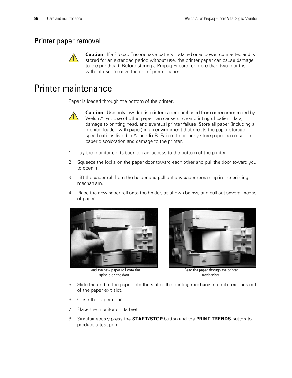 Printer maintenance, Printer paper removal | Welch Allyn Vital Signs Monitor, Propaq Encore - Quick Reference Guide User Manual | Page 102 / 144